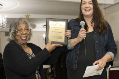 Oak Park Arms Delores Newell receives the Volunteer of the Decade from Renee Steingard Director of Leasing and Resident Engagement during Oak Park Arms Senior Living Spring Dance with the Falconaires. Saturday, April 22, 2023, in Oak Park, Ill.