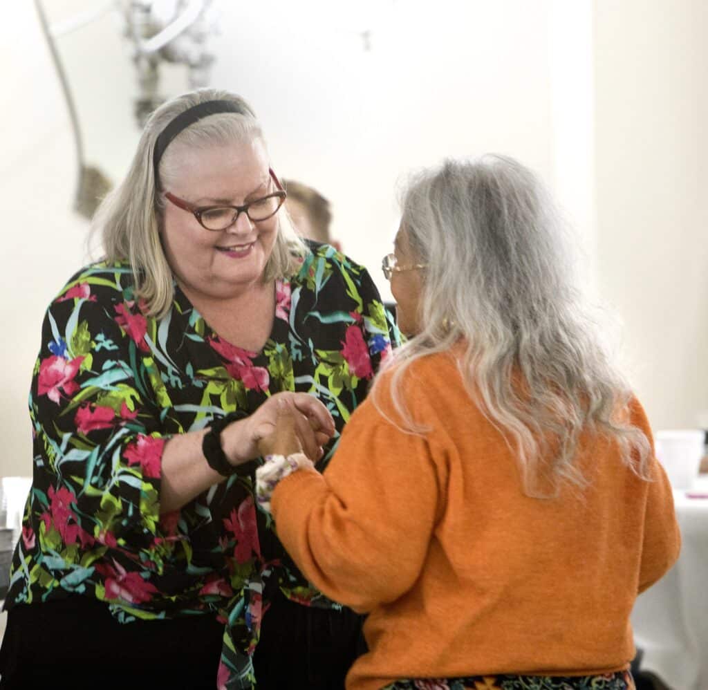 Mimi Zeigler and Gloria Rocco dance at Oak Park Arms Senior Living Spring Dance with the Falconaires. Saturday, April 22, 2023, in Oak Park, Ill.