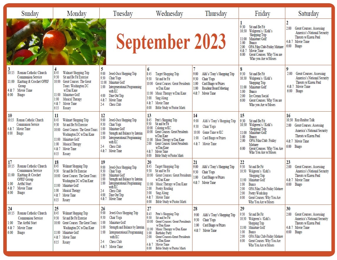 Oak Park Arms September Calendar
