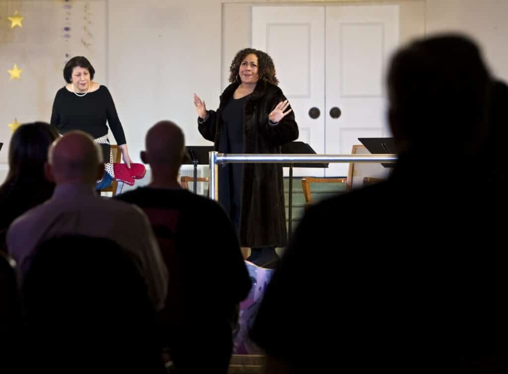 Scratch Ensemble of Oak Park actors Anne E. Munez, left, and Ian Hill, right, performed a staged reading of “The Cemetery Club” at the Oak Park Arms Senior Living, Sunday November 5, 2023.