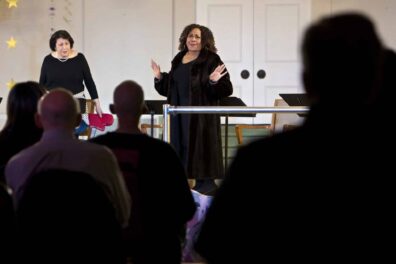 Scratch Ensemble of Oak Park actors Anne E. Munez, left, and Ian Hill, right, performed a staged reading of “The Cemetery Club” at the Oak Park Arms Senior Living, Sunday November 5, 2023.