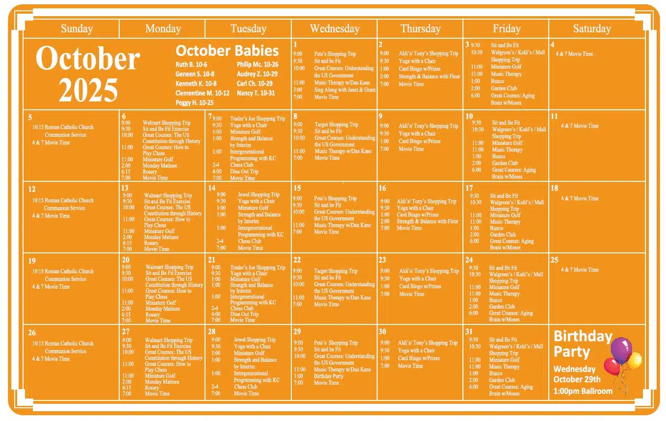 Calendar of Events for October